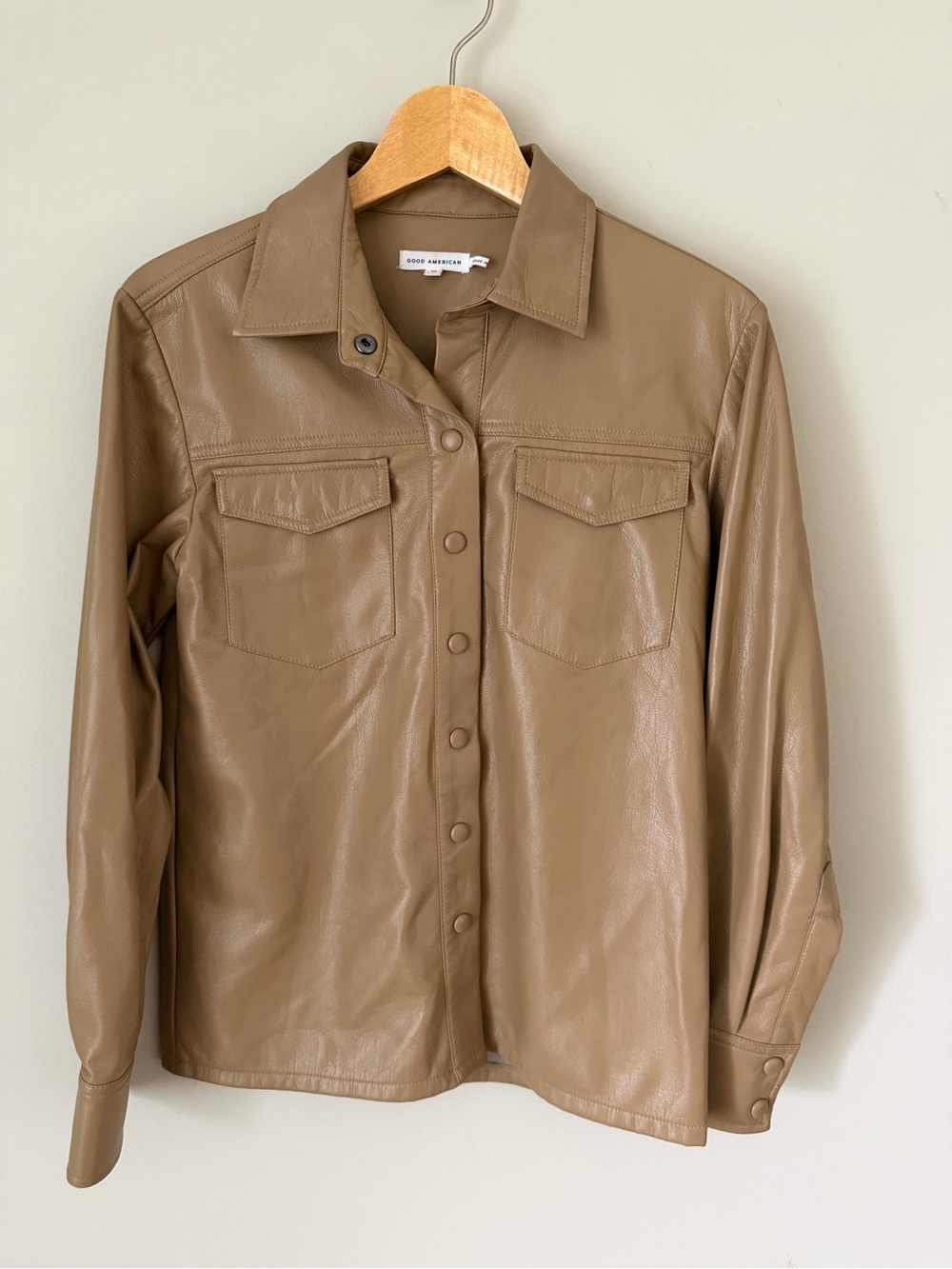 Good American Tan Faux Leather Shirt Jacket